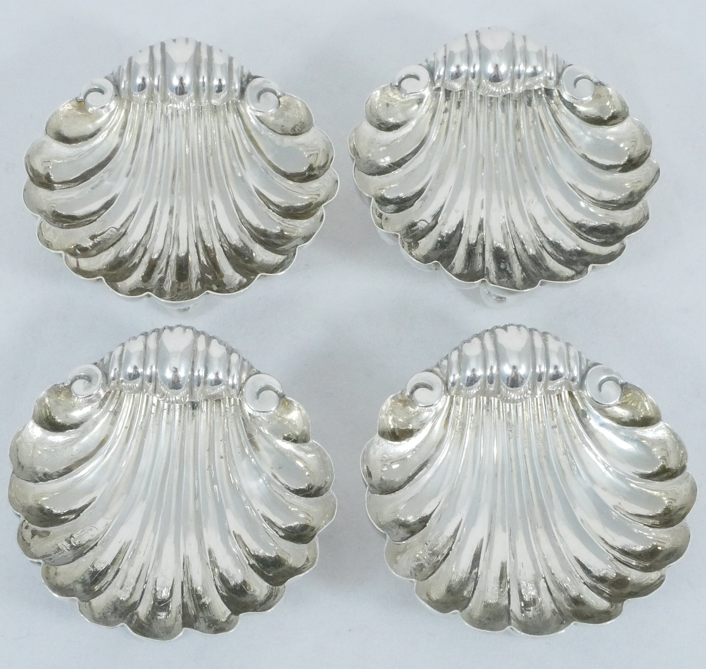 Antique Victorian 1896 Set 4 Sterling Silver Shell Butter Soap Dish Bowls Plates