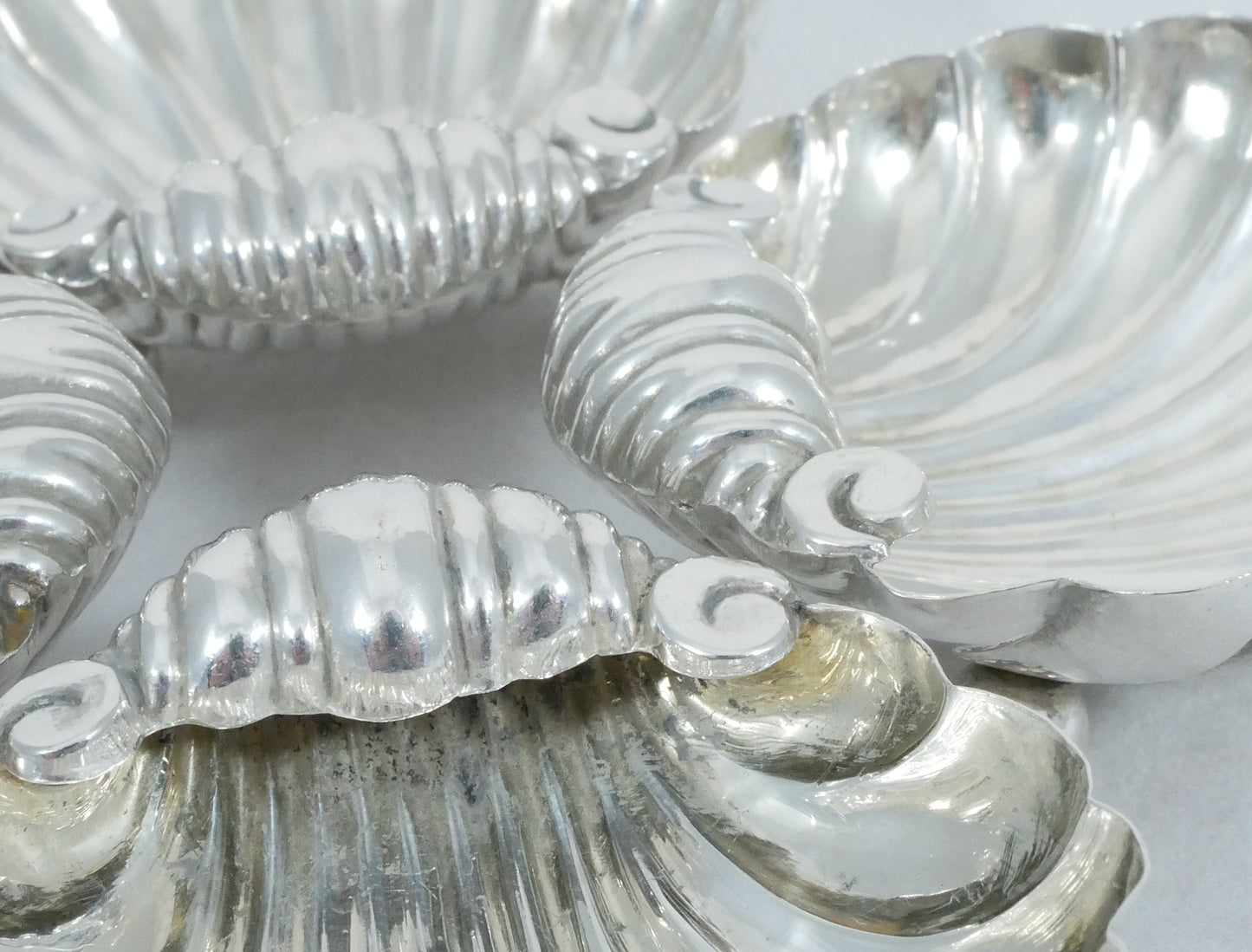 Antique Victorian 1896 Set 4 Sterling Silver Shell Butter Soap Dish Bowls Plates