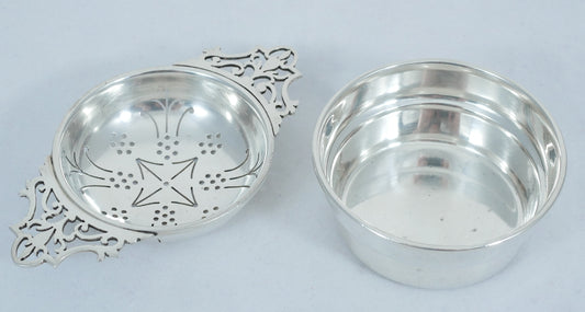 Antique Vintage 1954 Sterling Silver Tea Strainer & Bowl Set Sieve Filigree Cup