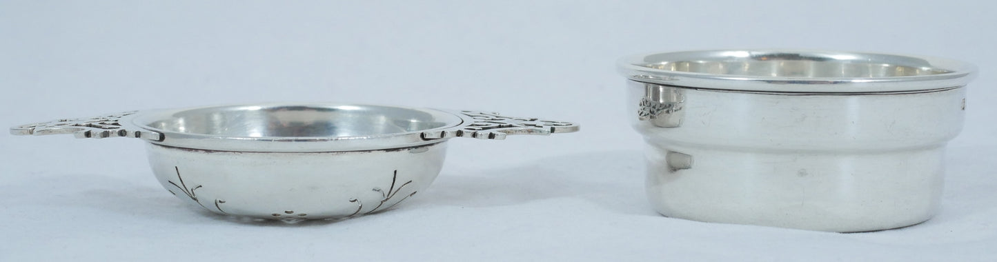 Antique Vintage 1954 Sterling Silver Tea Strainer & Bowl Set Sieve Filigree Cup