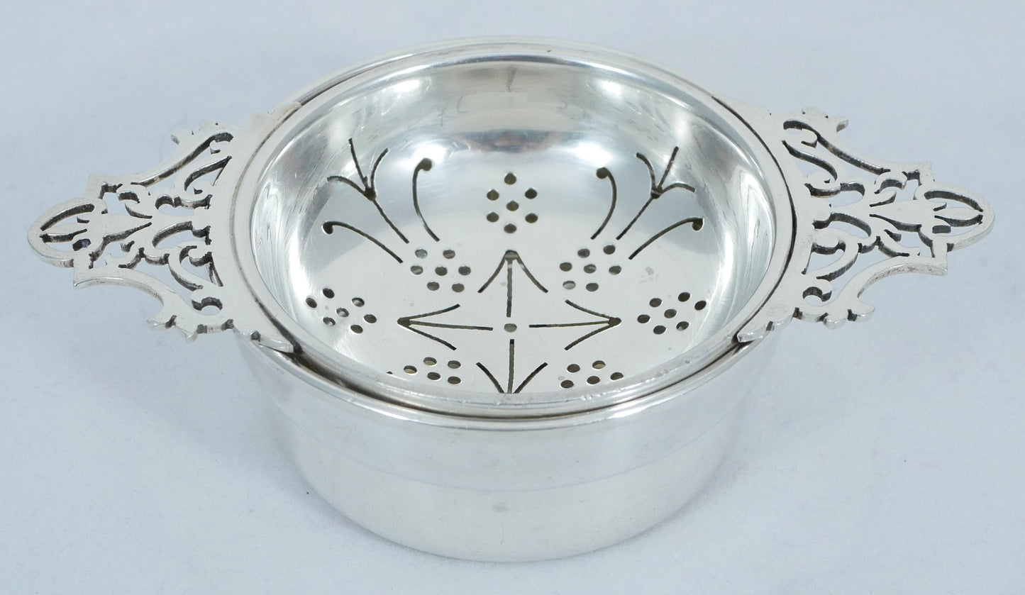 Antique Vintage 1954 Sterling Silver Tea Strainer & Bowl Set Sieve Filigree Cup