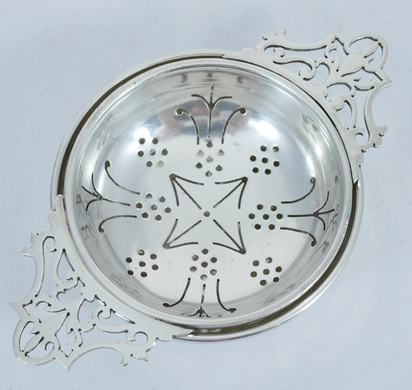 Antique Vintage 1954 Sterling Silver Tea Strainer & Bowl Set Sieve Filigree Cup