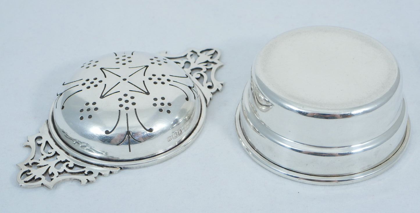 Antique Vintage 1954 Sterling Silver Tea Strainer & Bowl Set Sieve Filigree Cup