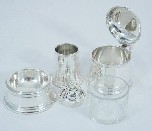 Antique Art Deco 1926 Sterling Silver Cruet Set Salt Cellar Pepper Mustard Pot
