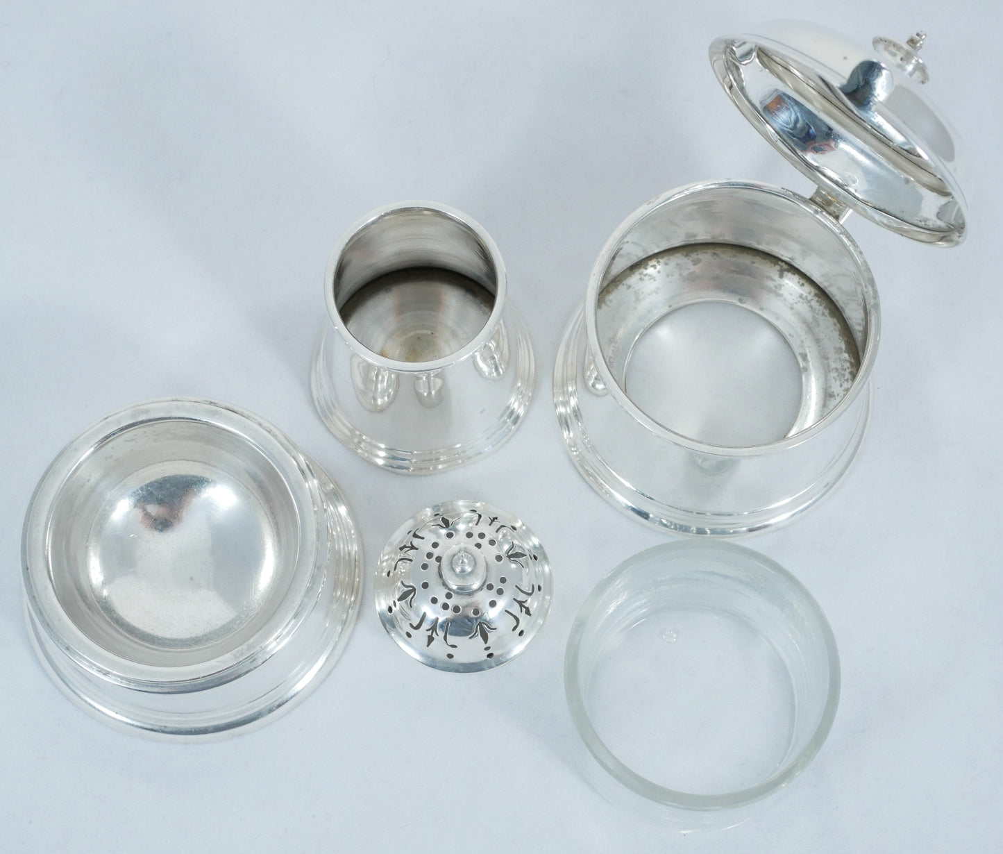 Antique Art Deco 1926 Sterling Silver Cruet Set Salt Cellar Pepper Mustard Pot