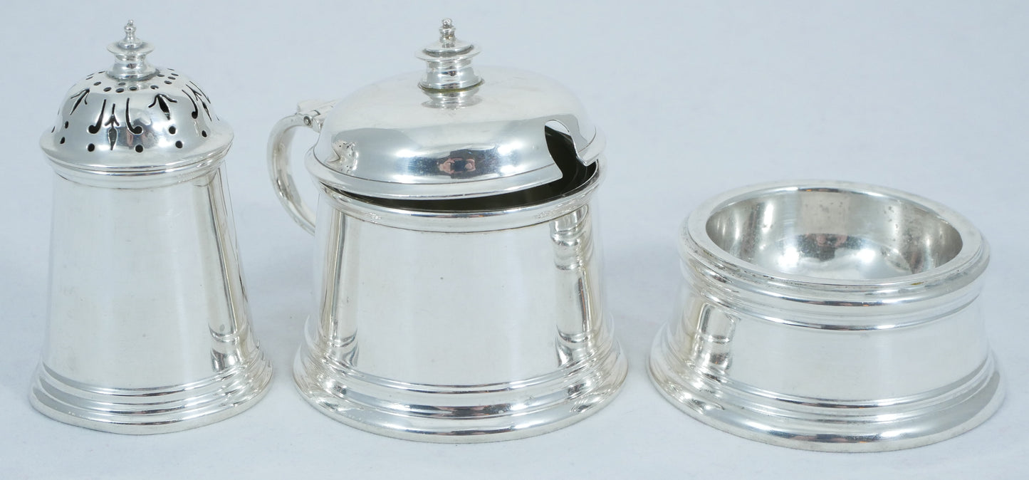 Antique Art Deco 1926 Sterling Silver Cruet Set Salt Cellar Pepper Mustard Pot