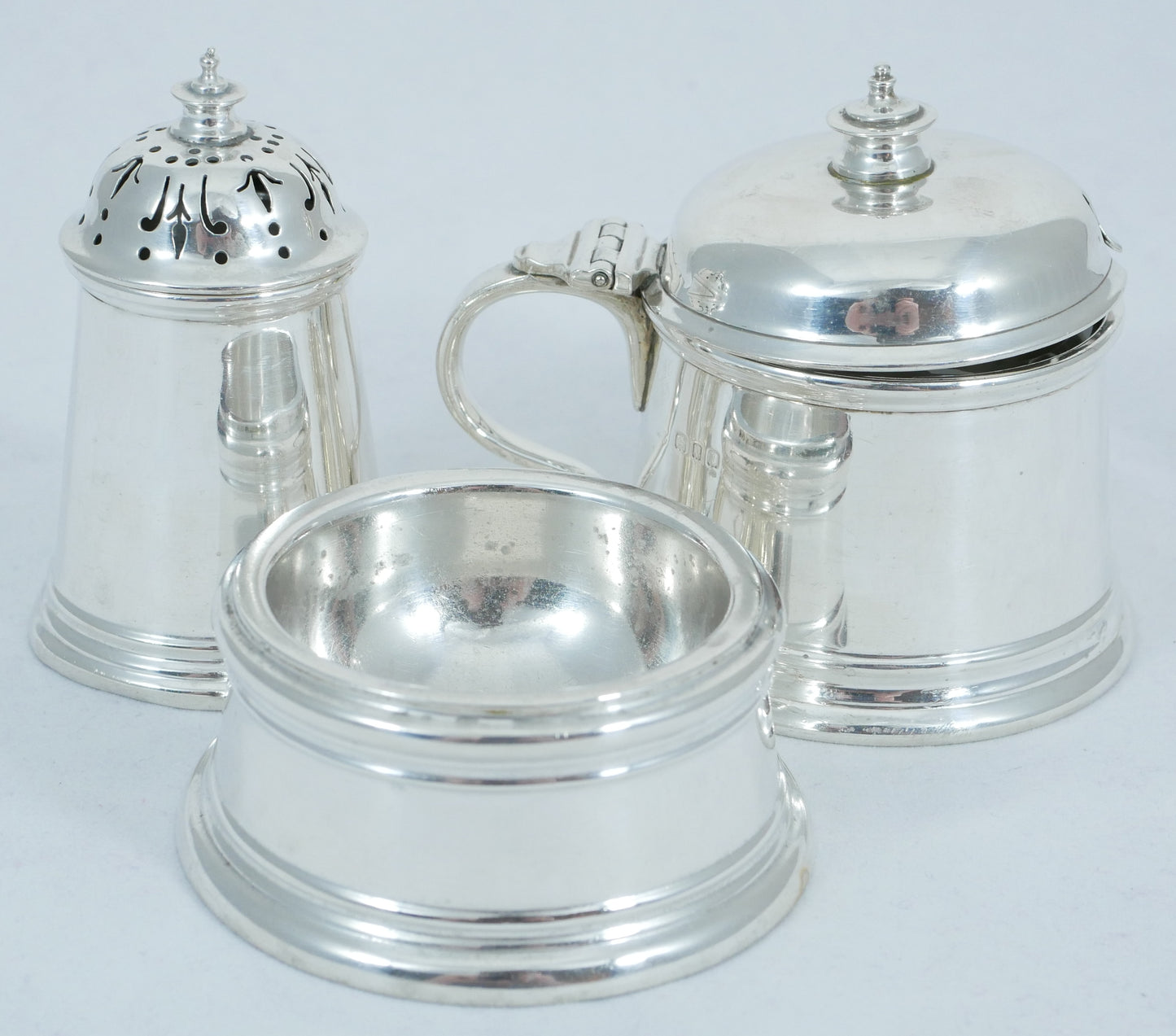 Antique Art Deco 1926 Sterling Silver Cruet Set Salt Cellar Pepper Mustard Pot