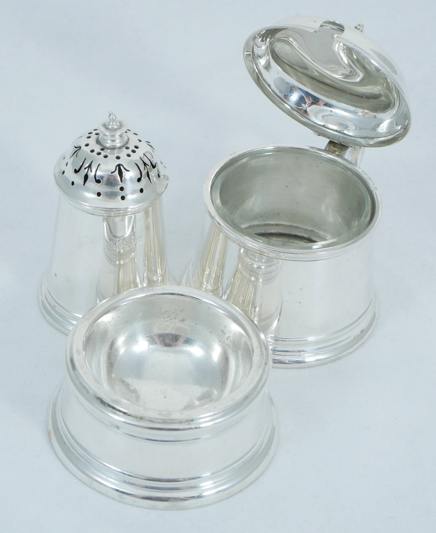 Antique Art Deco 1926 Sterling Silver Cruet Set Salt Cellar Pepper Mustard Pot