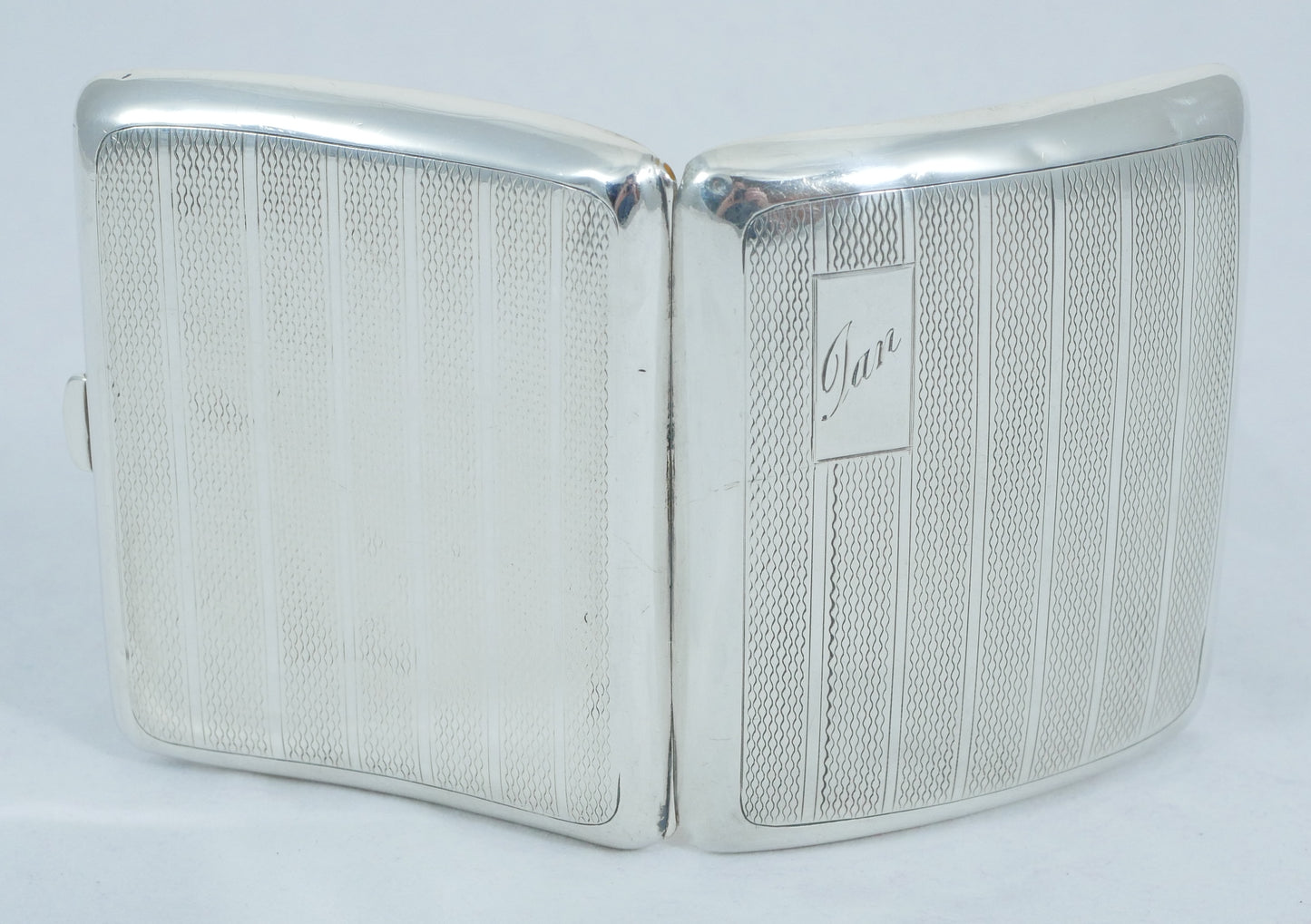 Antique Art Deco 1938 Sterling Silver Cigarette Card Case Hip Curve Engine Turn