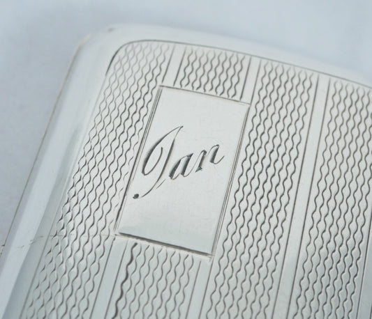 Antique Art Deco 1938 Sterling Silver Cigarette Card Case Hip Curve Engine Turn
