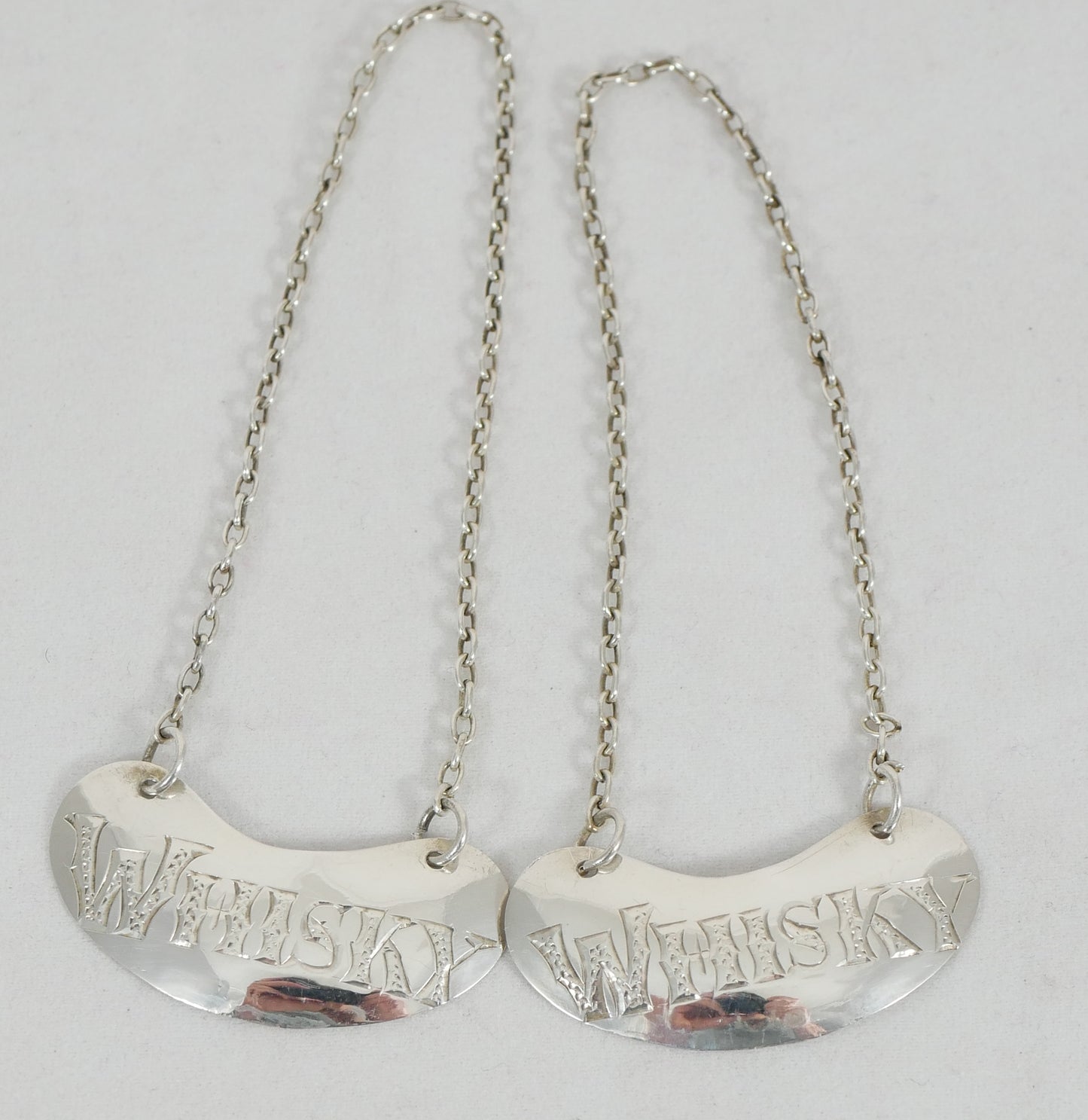 Antique Art Deco 1924 Pair Sterling Silver Whisky Noggins & Decanter Labels Tags