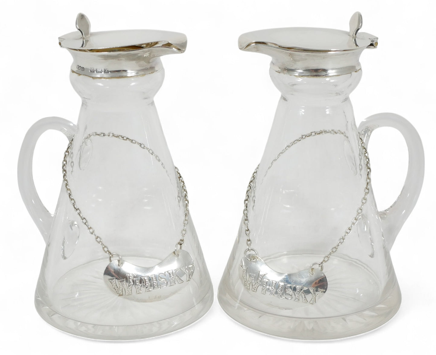 Antique Art Deco 1924 Pair Sterling Silver Whisky Noggins & Decanter Labels Tags