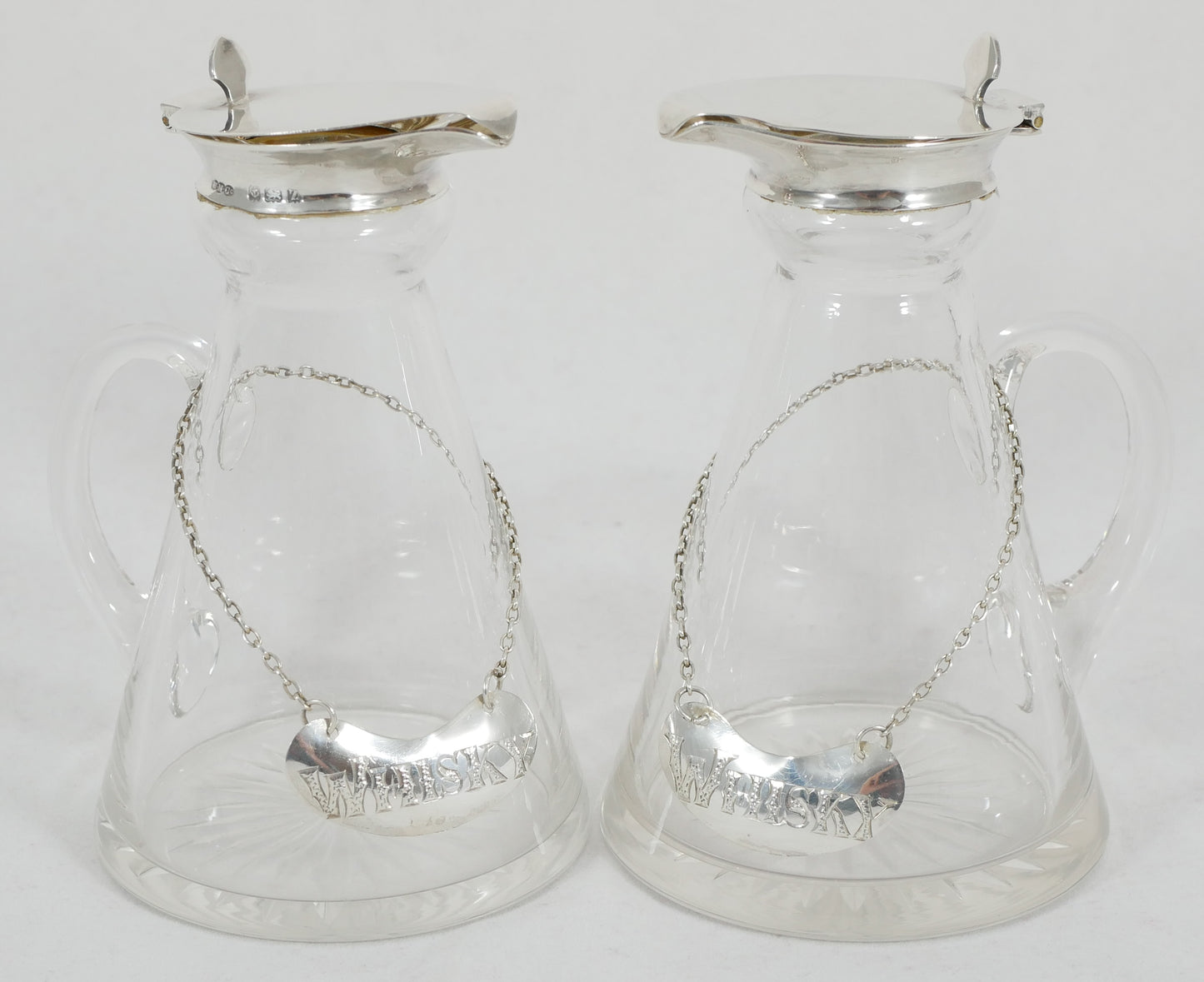 Antique Art Deco 1924 Pair Sterling Silver Whisky Noggins & Decanter Labels Tags