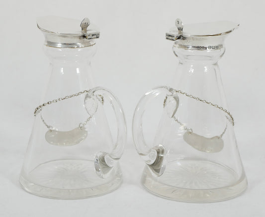 Antique Art Deco 1924 Pair Sterling Silver Whisky Noggins & Decanter Labels Tags
