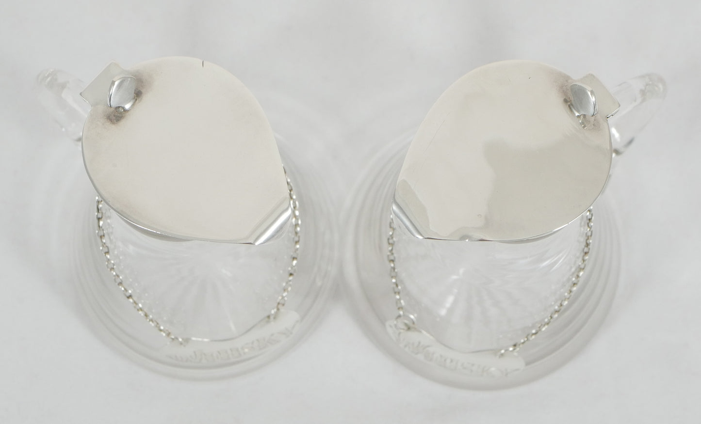 Antique Art Deco 1924 Pair Sterling Silver Whisky Noggins & Decanter Labels Tags
