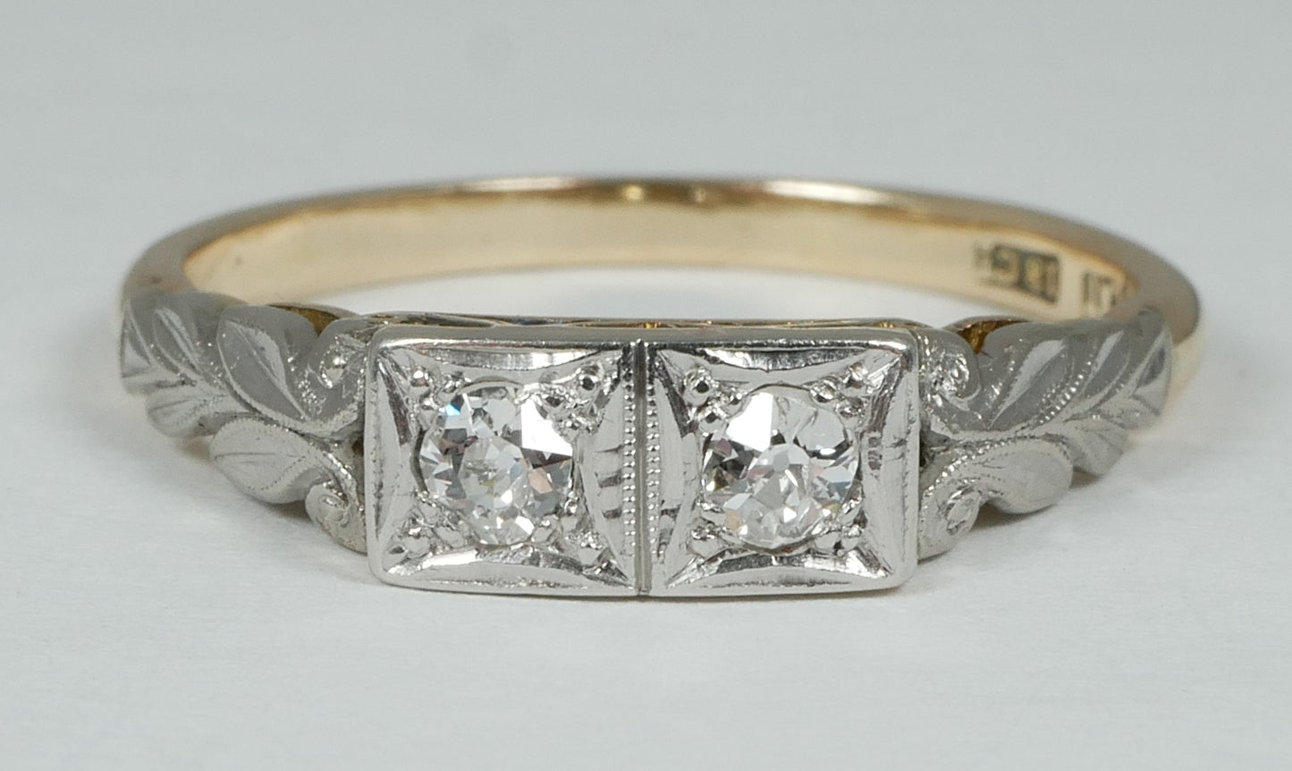 Antique Solid 18ct Yellow Gold & Platinum Toi et Moi 2 Diamond Ring Size 8 P 56