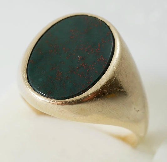 Vintage Solid 9ct Yellow Gold Heliotrope Bloodstone Signet Ring Size 10.5 U 63