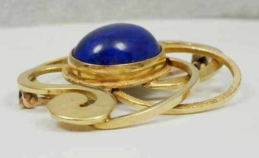 Vintage Heavy Solid 9ct Yellow Gold Lapis Lazuli Cabochon Brooch Pin 11.94gm 375