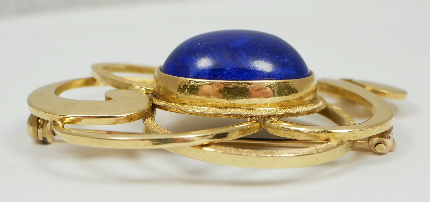 Vintage Heavy Solid 9ct Yellow Gold Lapis Lazuli Cabochon Brooch Pin 11.94gm 375