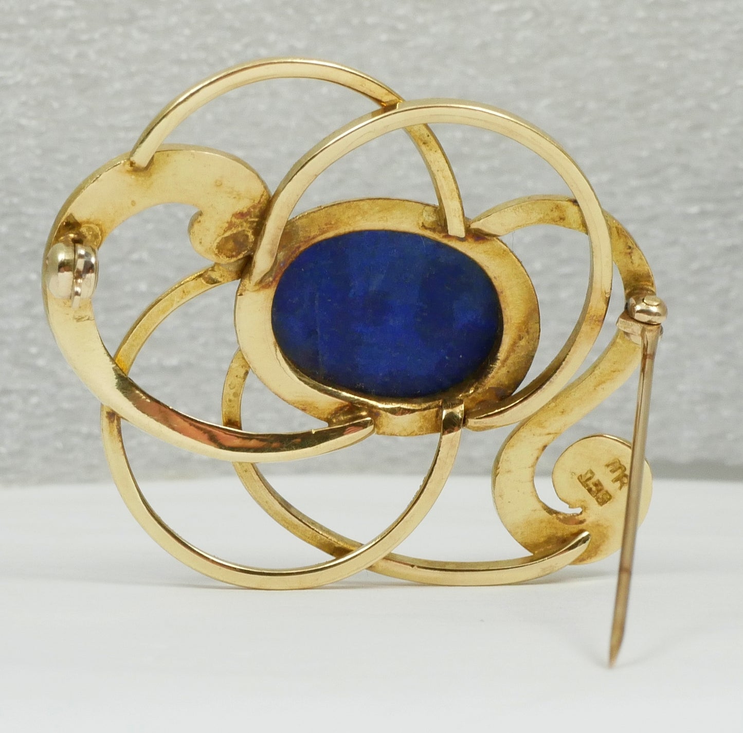 Vintage Heavy Solid 9ct Yellow Gold Lapis Lazuli Cabochon Brooch Pin 11.94gm 375