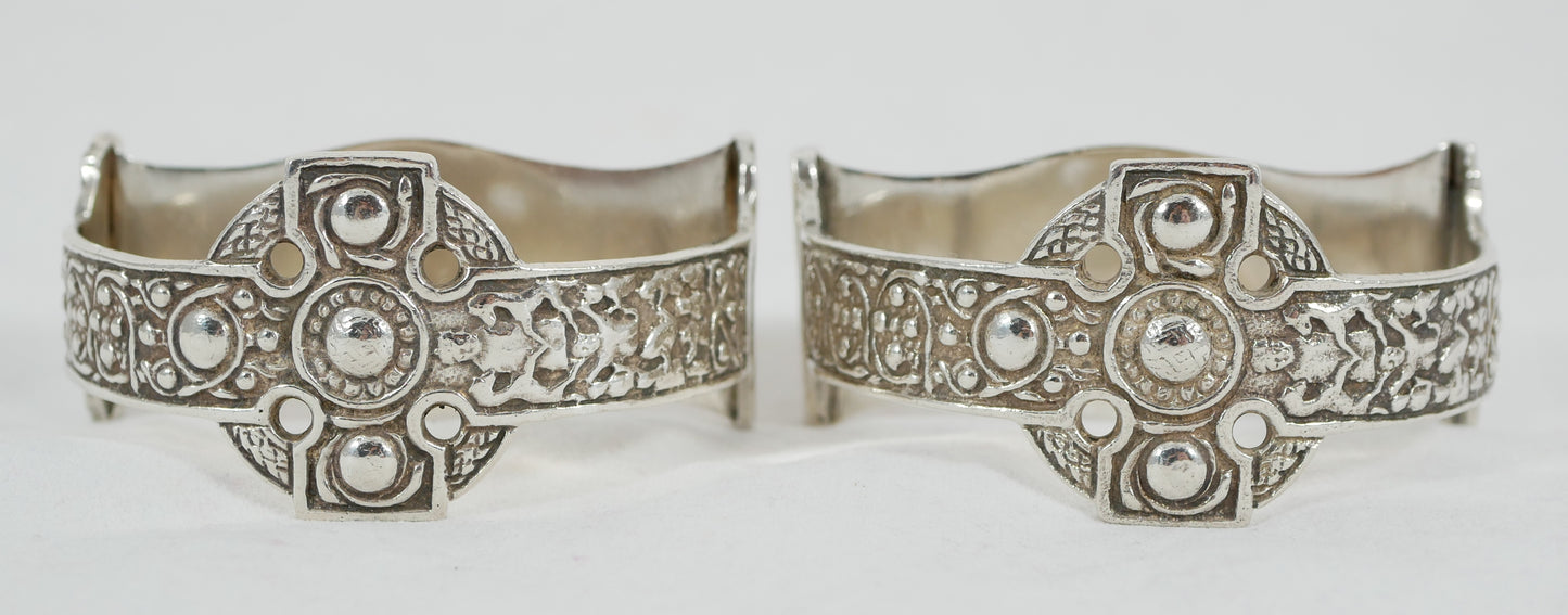 Antique Art Deco 1941 Pair Sterling Silver Celtic Revival Napkin Rings Glasgow