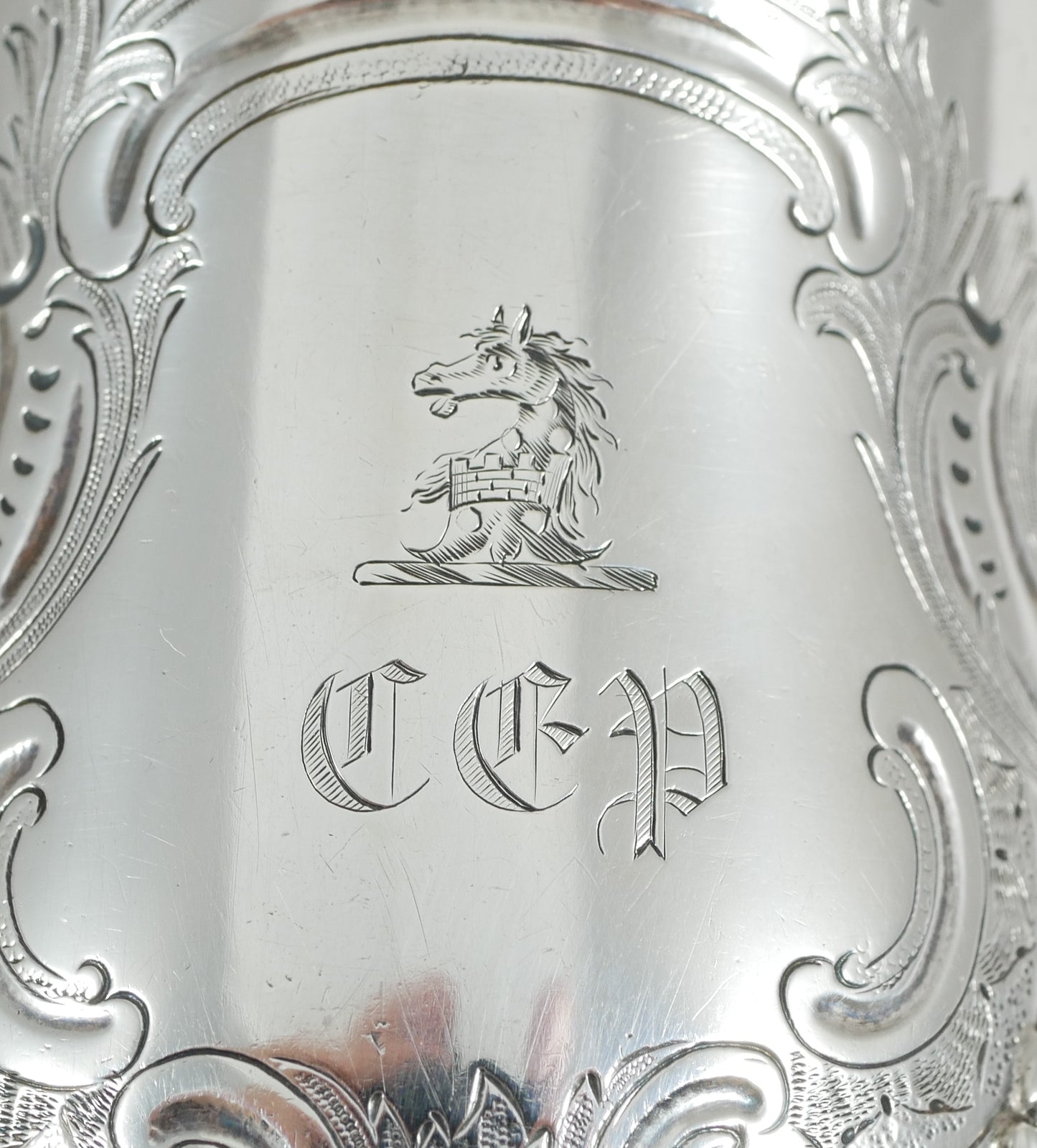 Antique Victorian 1840 Sterling Silver Christening Mug Tankard Cup Repousse JA