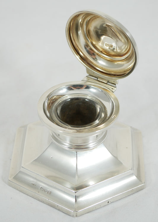 Antique Art Deco 1920 Sterling Silver Hexagonal Capstan Inkwell Ink Well Desk