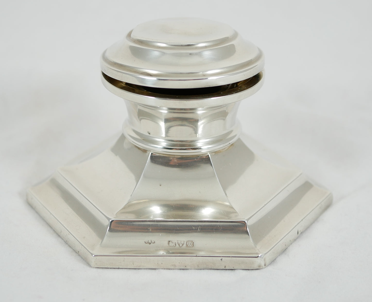 Antique Art Deco 1920 Sterling Silver Hexagonal Capstan Inkwell Ink Well Desk