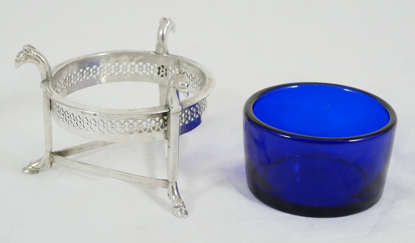 Antique French Empire 1800 Sterling Silver 950 Salt Cellar Bowl Blue Glass Liner