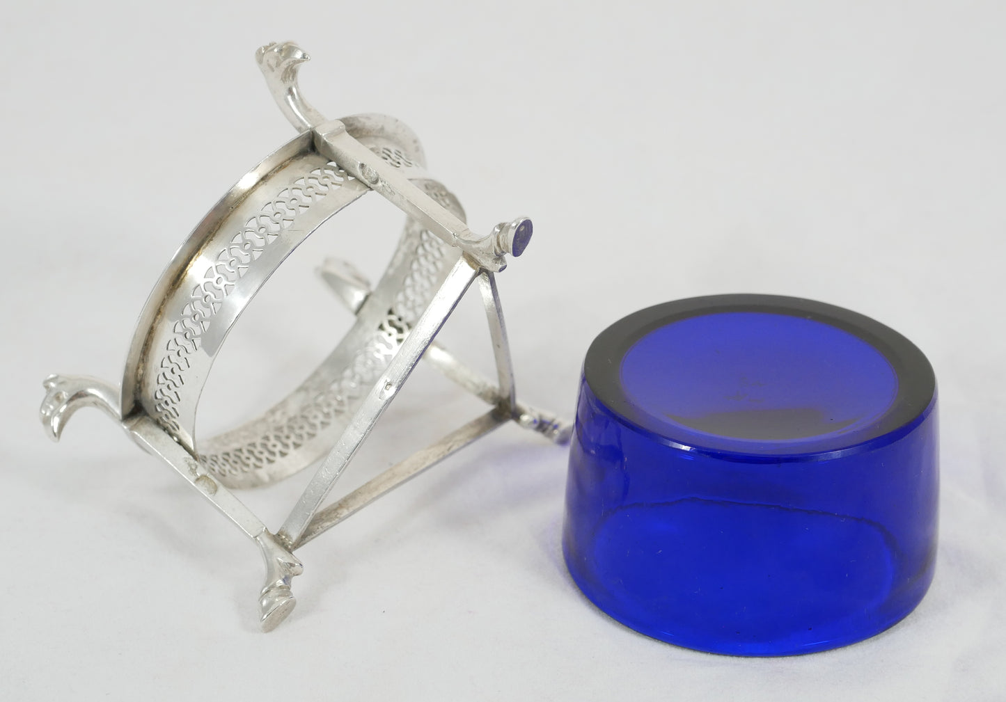 Antique French Empire 1800 Sterling Silver 950 Salt Cellar Bowl Blue Glass Liner