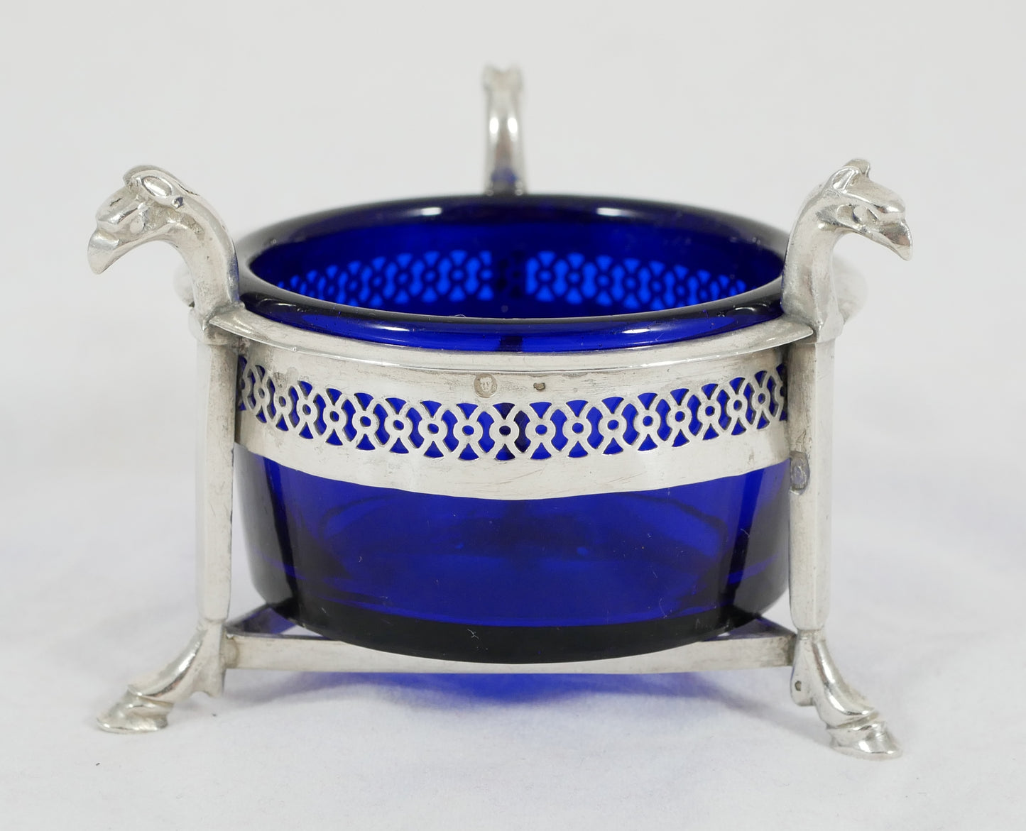 Antique French Empire 1800 Sterling Silver 950 Salt Cellar Bowl Blue Glass Liner