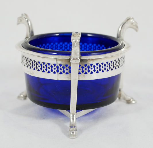 Antique French Empire 1800 Sterling Silver 950 Salt Cellar Bowl Blue Glass Liner