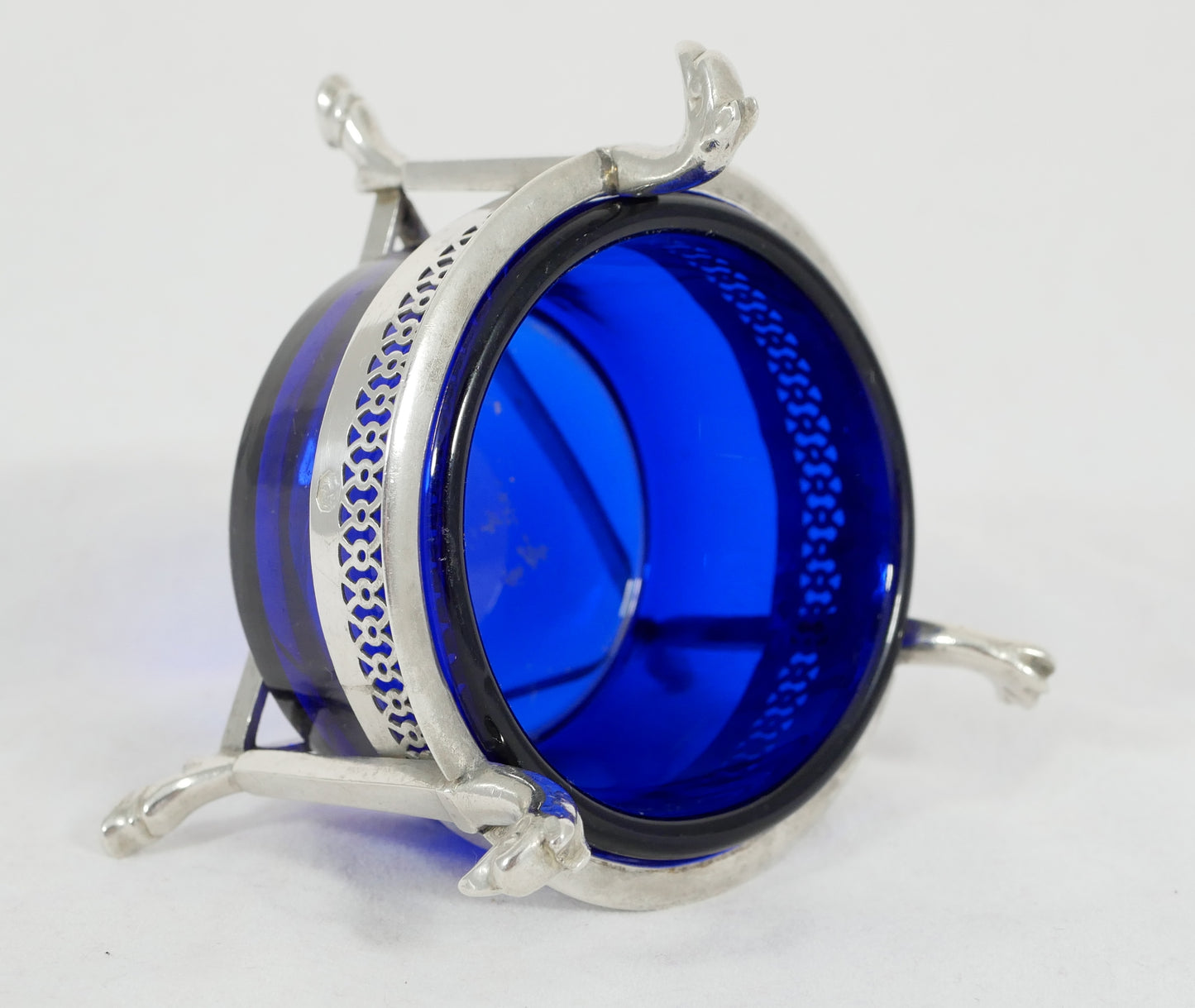 Antique French Empire 1800 Sterling Silver 950 Salt Cellar Bowl Blue Glass Liner