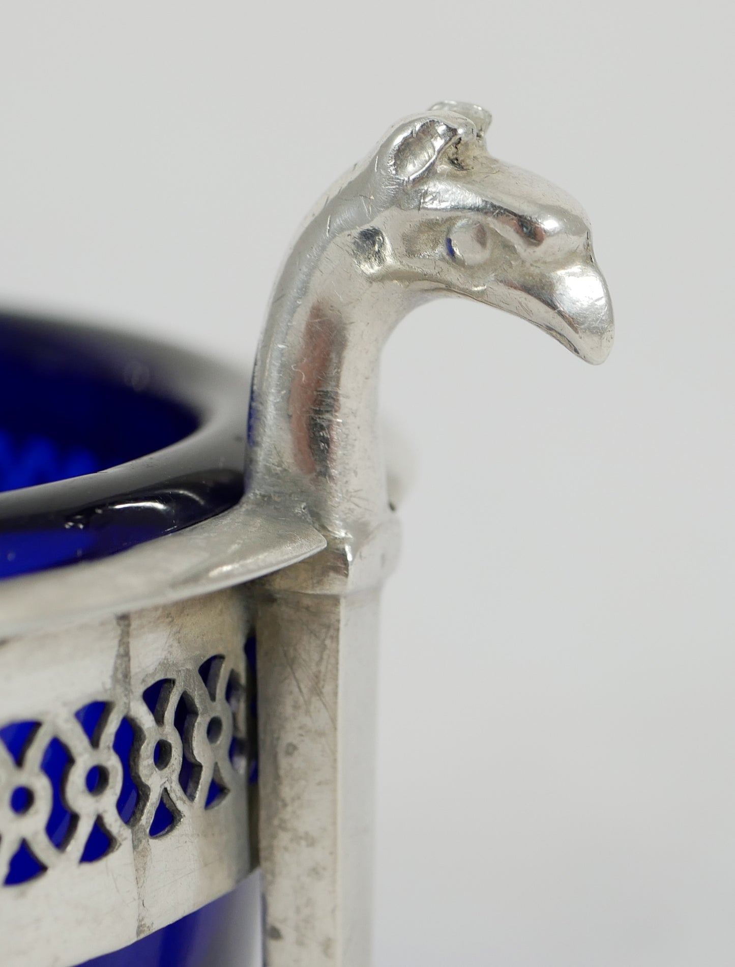 Antique French Empire 1800 Sterling Silver 950 Salt Cellar Bowl Blue Glass Liner