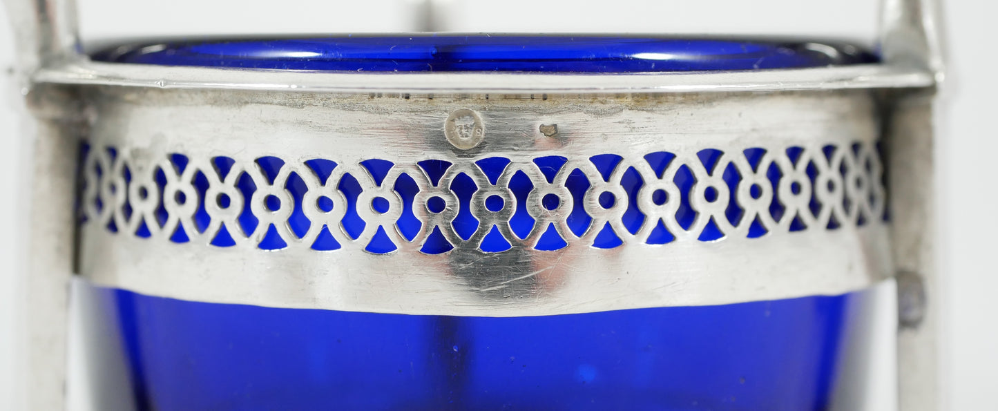 Antique French Empire 1800 Sterling Silver 950 Salt Cellar Bowl Blue Glass Liner