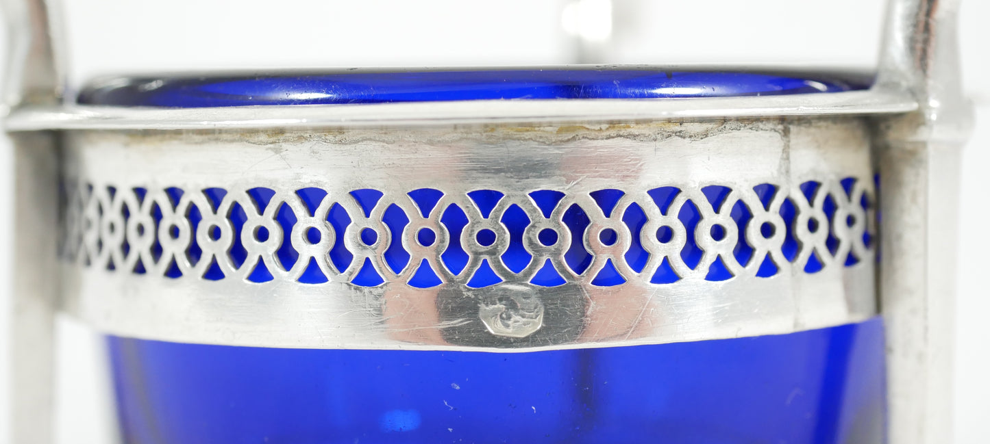 Antique French Empire 1800 Sterling Silver 950 Salt Cellar Bowl Blue Glass Liner