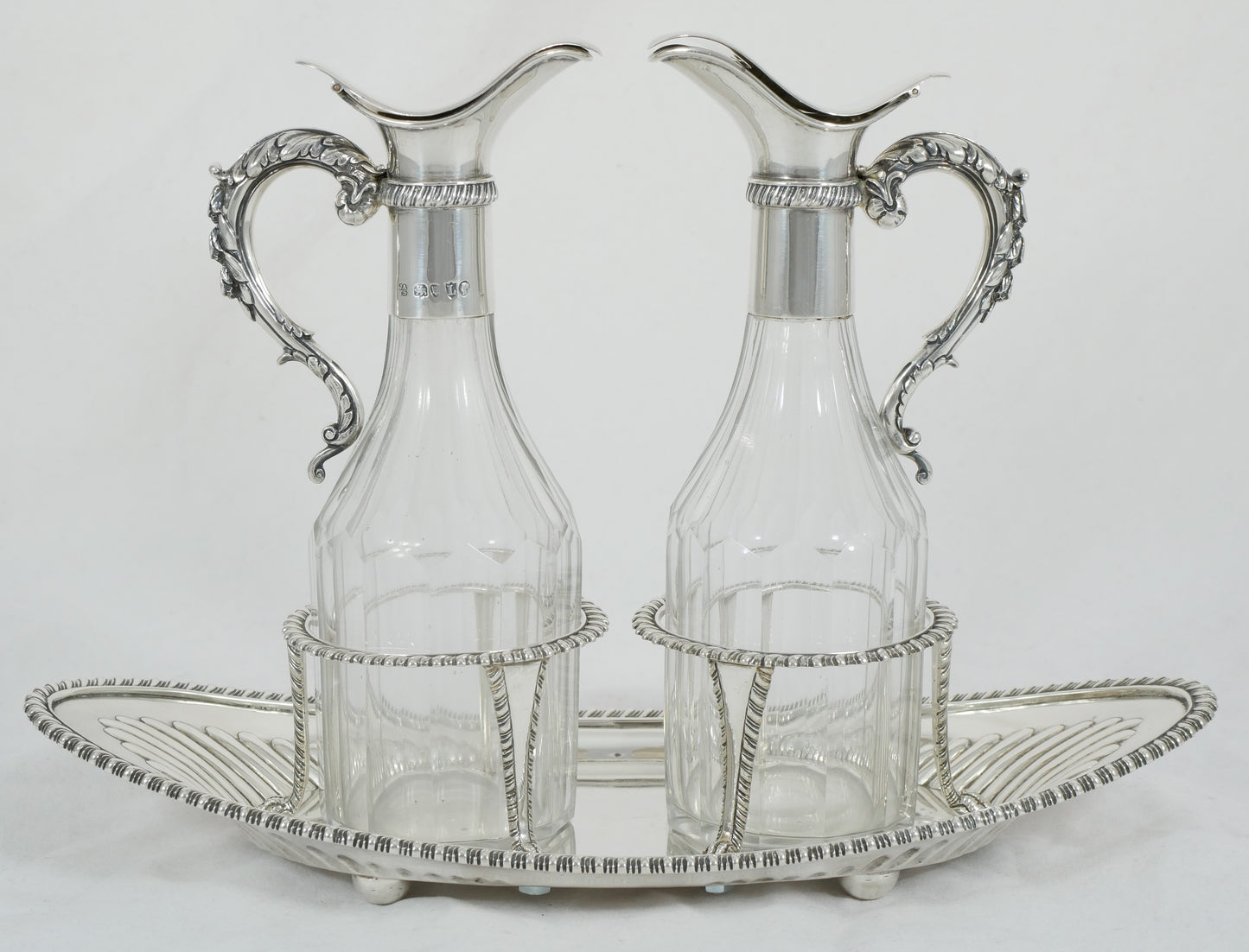 Antique Victorian 1886 Sterling Silver Glass Oil Vinegar Bottle Cruet Set Stand