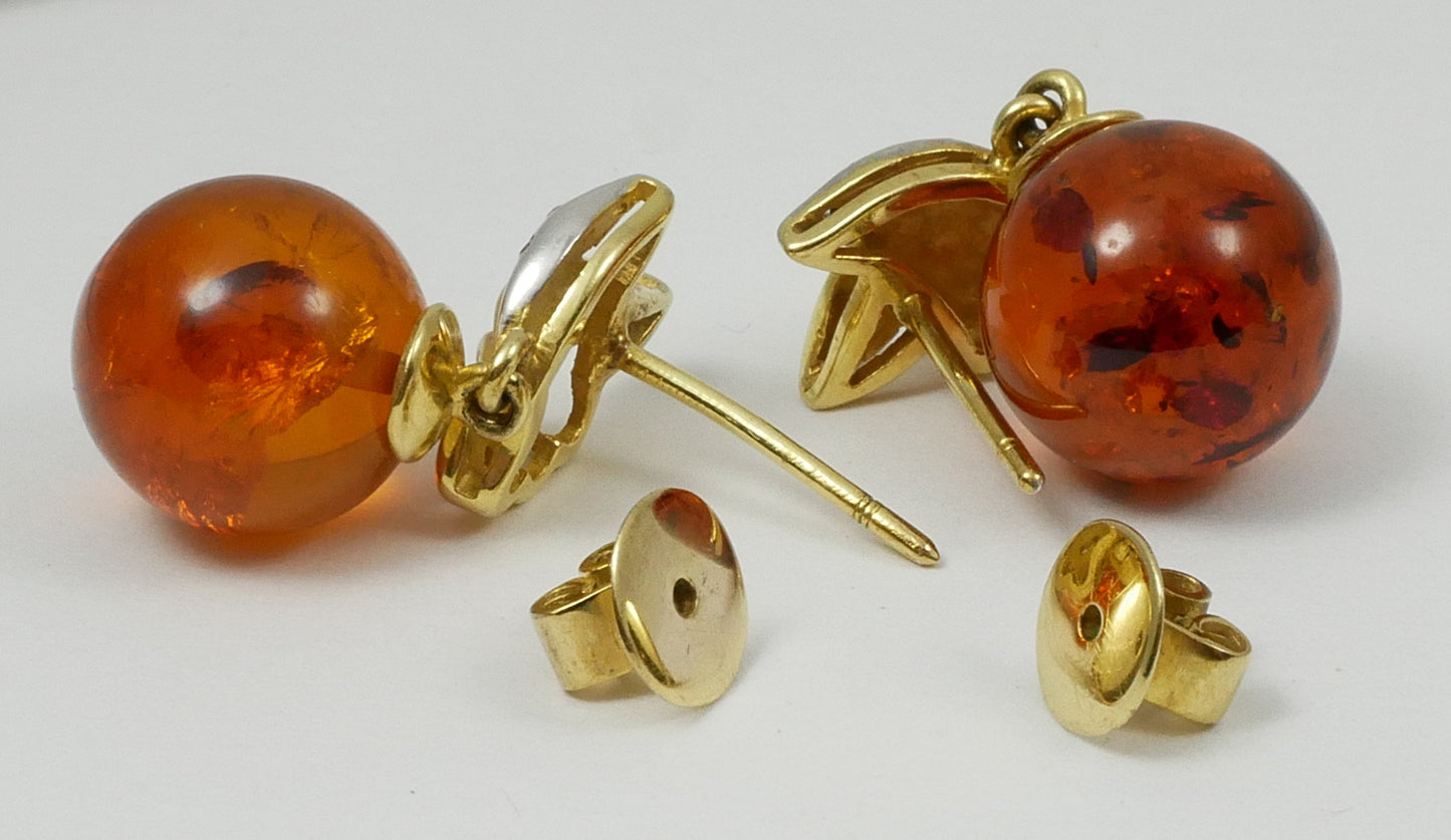 Solid 9ct Yellow Gold Pair of Baltic Amber Bead Ball Dangle Drop Stud Earrings