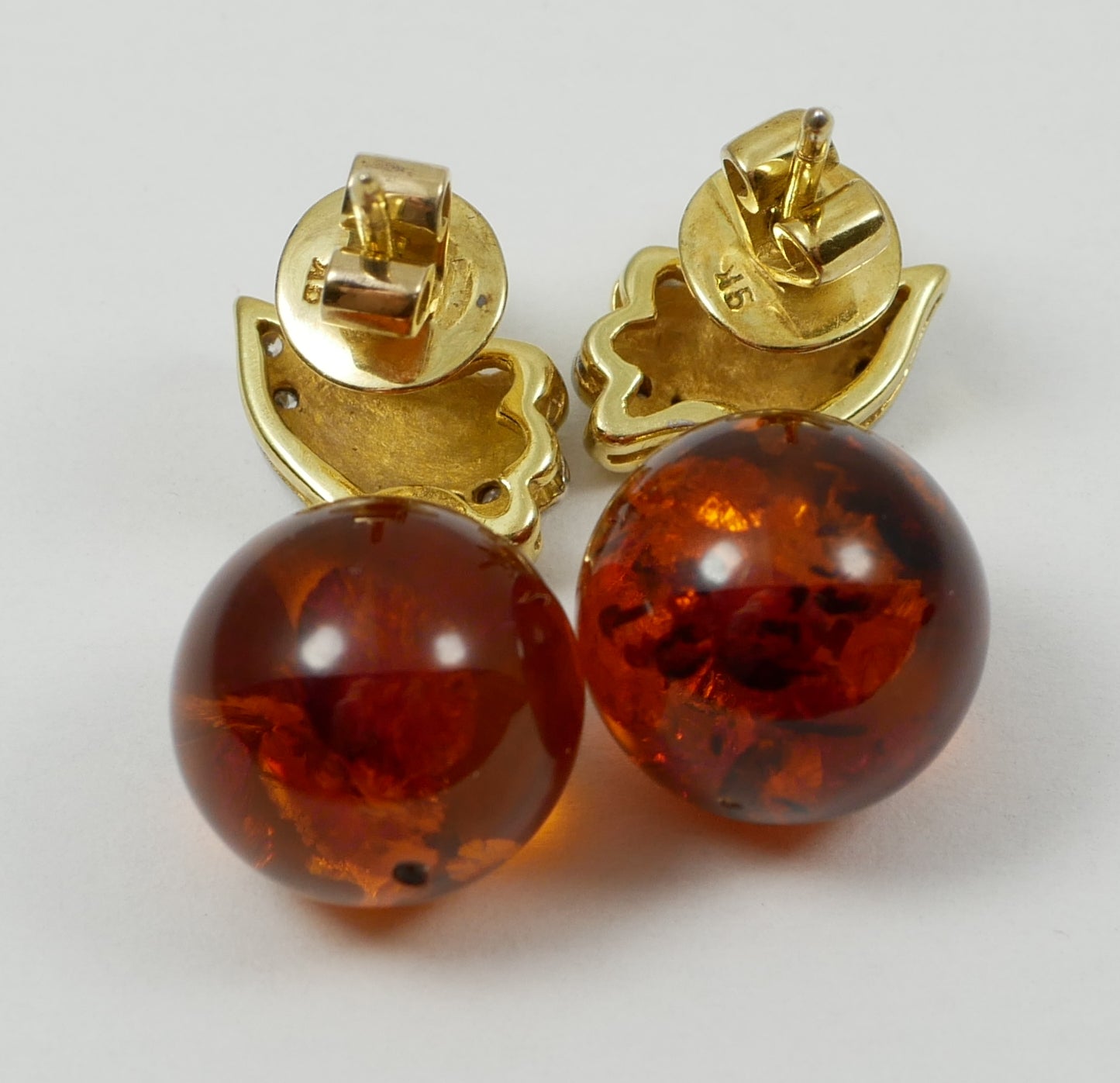 Solid 9ct Yellow Gold Pair of Baltic Amber Bead Ball Dangle Drop Stud Earrings