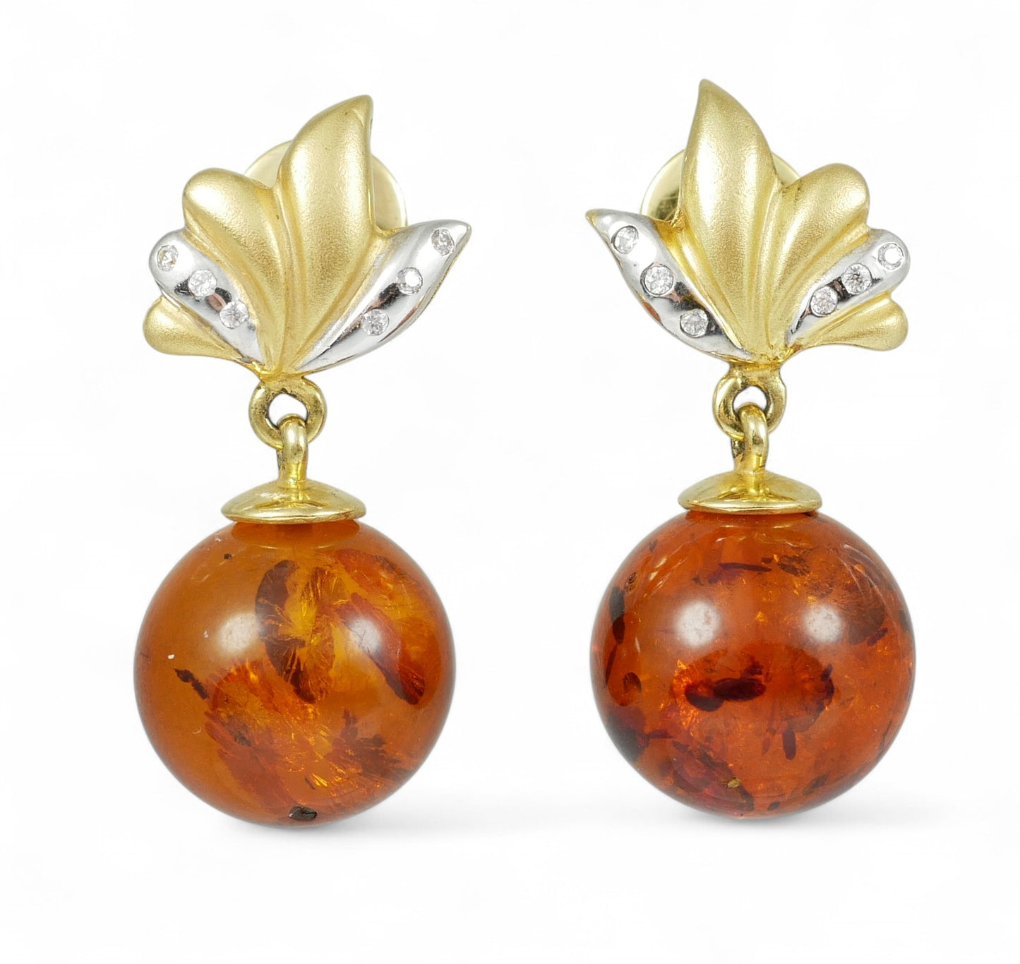 Solid 9ct Yellow Gold Pair of Baltic Amber Bead Ball Dangle Drop Stud Earrings