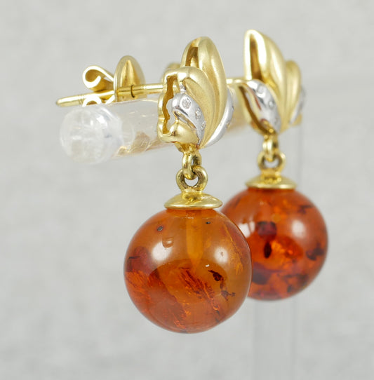 Solid 9ct Yellow Gold Pair of Baltic Amber Bead Ball Dangle Drop Stud Earrings