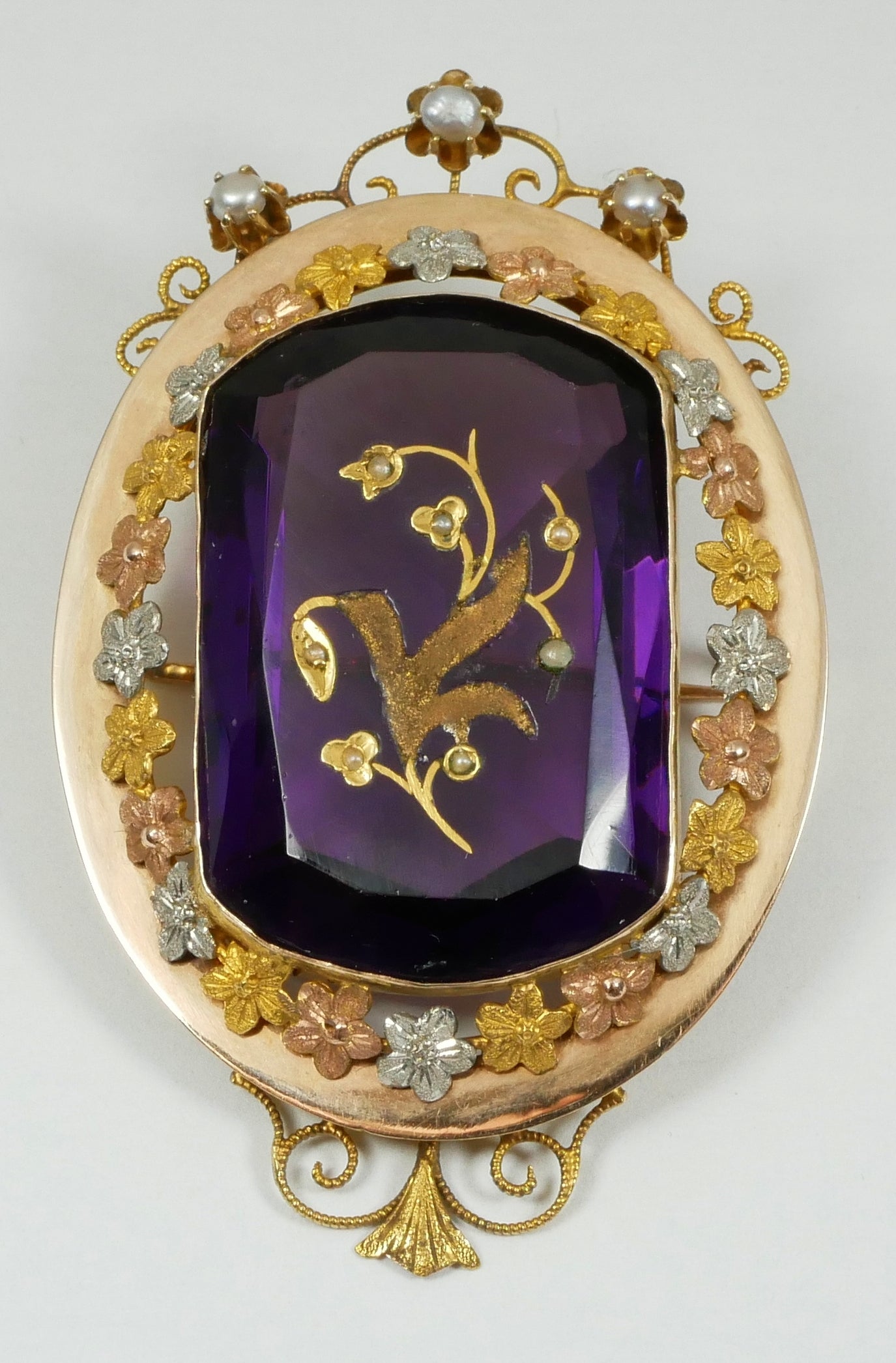 Antique Edwardian Solid 15ct Yellow Gold Purple Amethyst Glass Seed Pearl Brooch