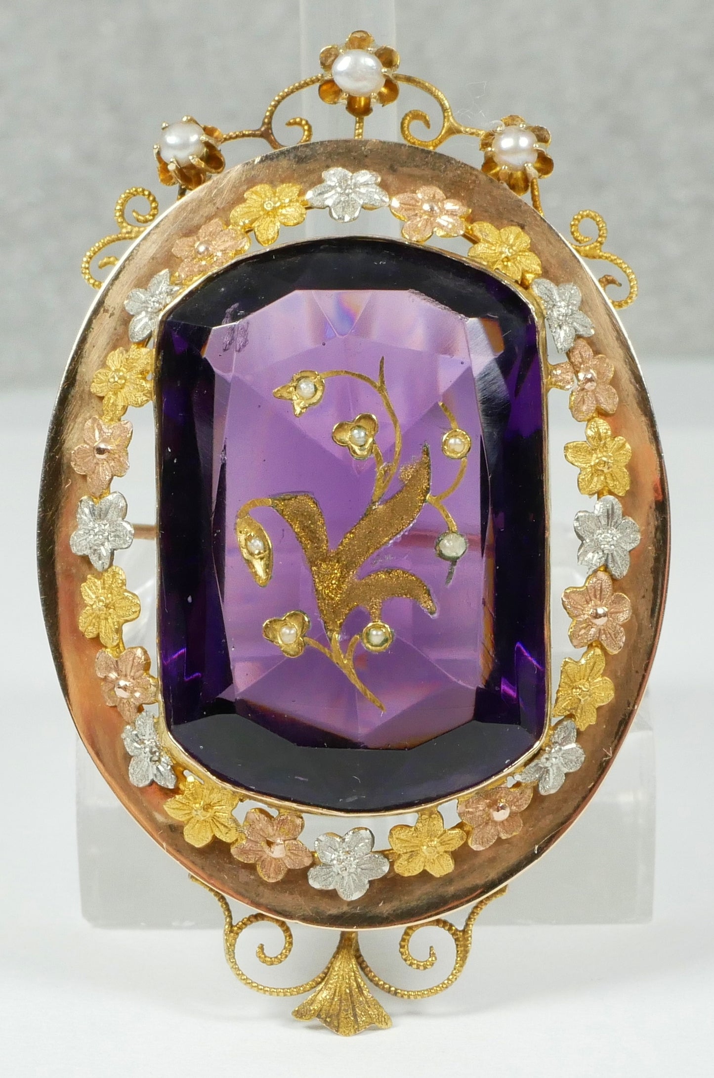 Antique Edwardian Solid 15ct Yellow Gold Purple Amethyst Glass Seed Pearl Brooch