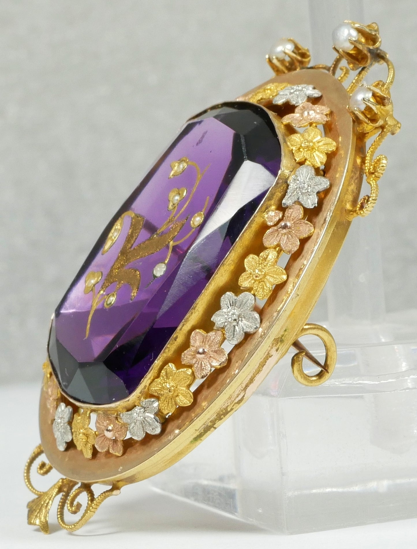 Antique Edwardian Solid 15ct Yellow Gold Purple Amethyst Glass Seed Pearl Brooch