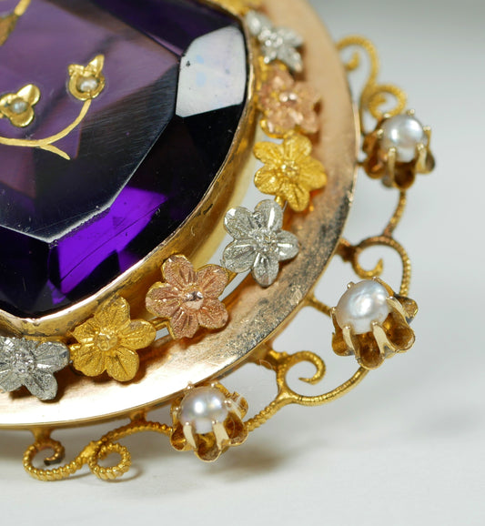 Antique Edwardian Solid 15ct Yellow Gold Purple Amethyst Glass Seed Pearl Brooch