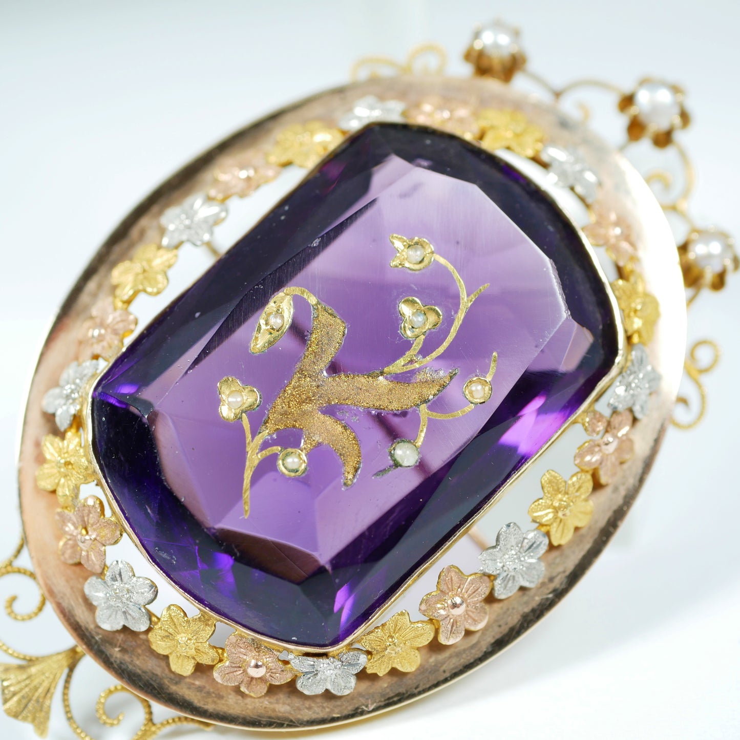 Antique Edwardian Solid 15ct Yellow Gold Purple Amethyst Glass Seed Pearl Brooch