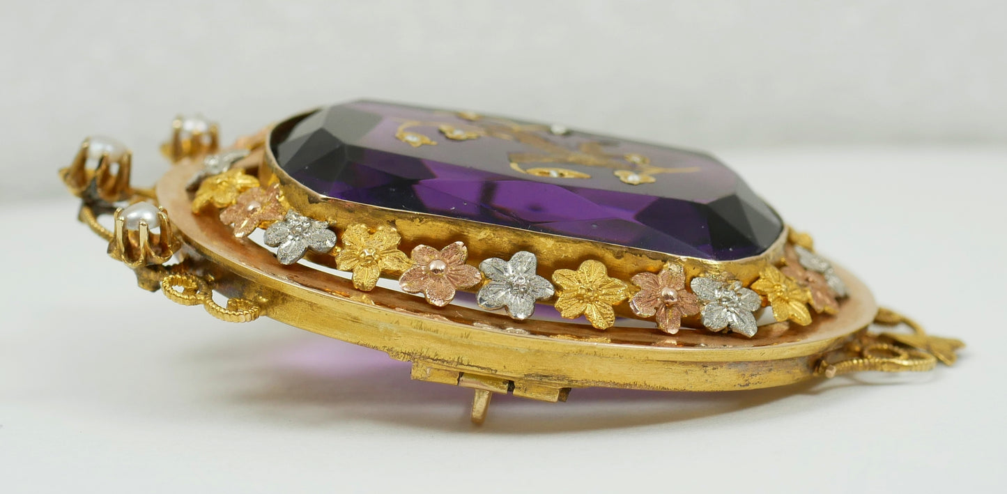 Antique Edwardian Solid 15ct Yellow Gold Purple Amethyst Glass Seed Pearl Brooch