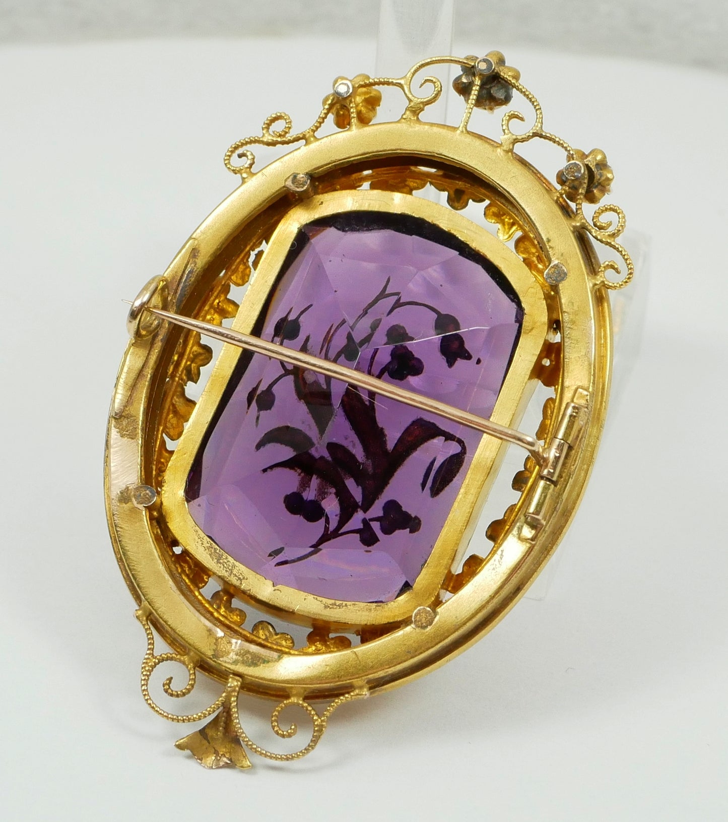 Antique Edwardian Solid 15ct Yellow Gold Purple Amethyst Glass Seed Pearl Brooch