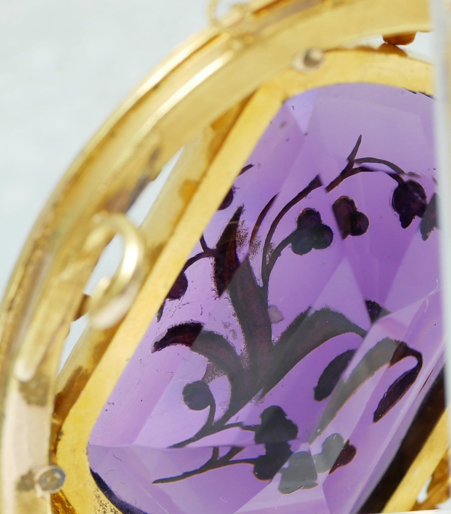 Antique Edwardian Solid 15ct Yellow Gold Purple Amethyst Glass Seed Pearl Brooch