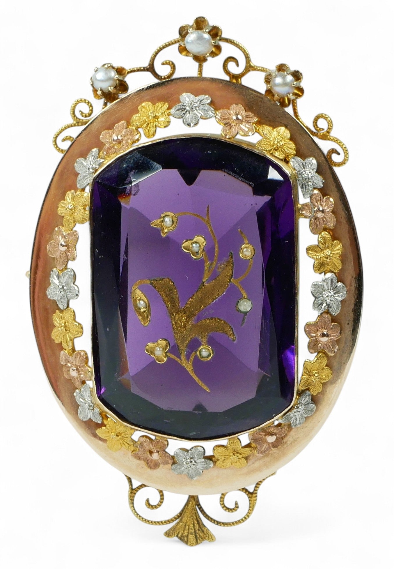 Antique Edwardian Solid 15ct Yellow Gold Purple Amethyst Glass Seed Pearl Brooch